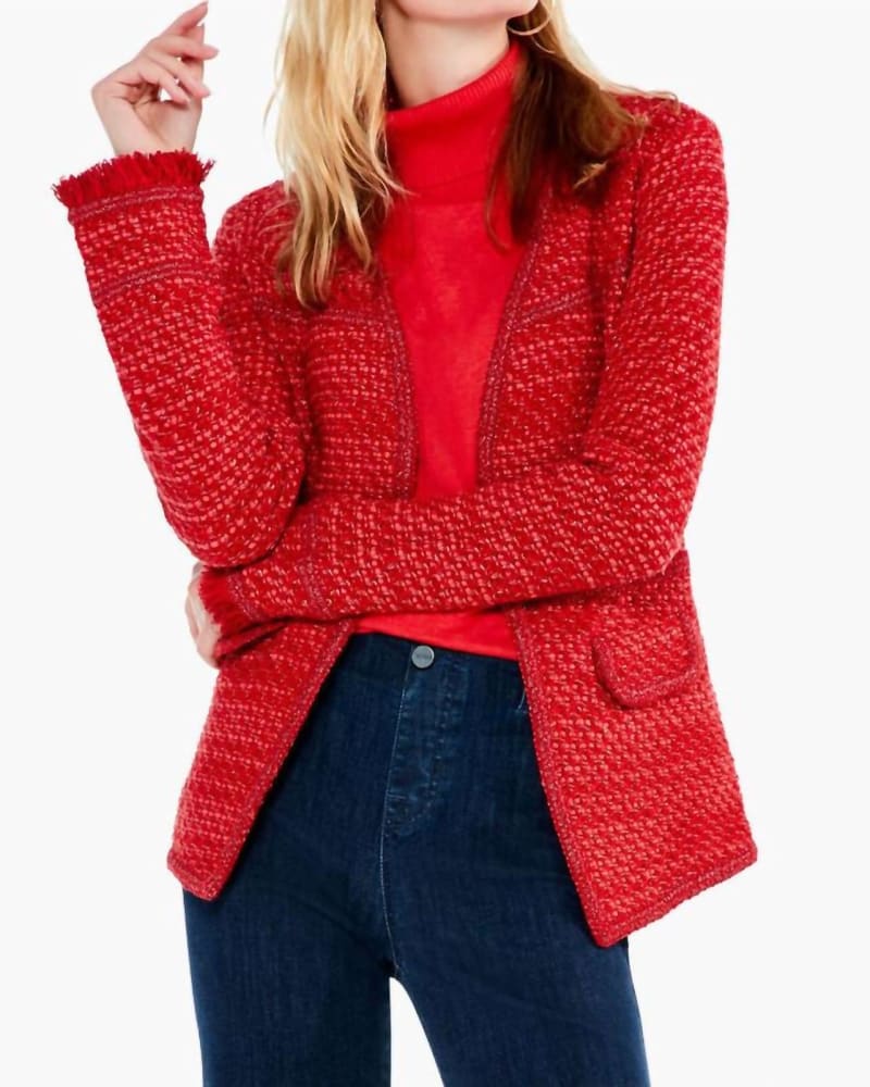 Front of a model wearing a size L Up Tempo Jacket in Red Mix in Red Mix by Nic + Zoe. | dia_product_style_image_id:346156